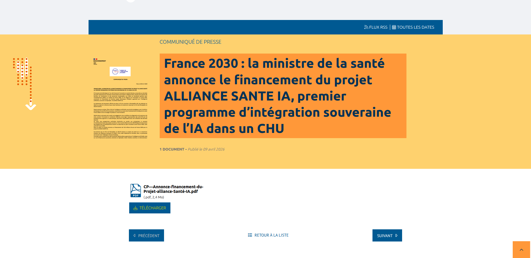 Capture d’écran de l’annonce du financement du projet ALLIANCE SANTE IA